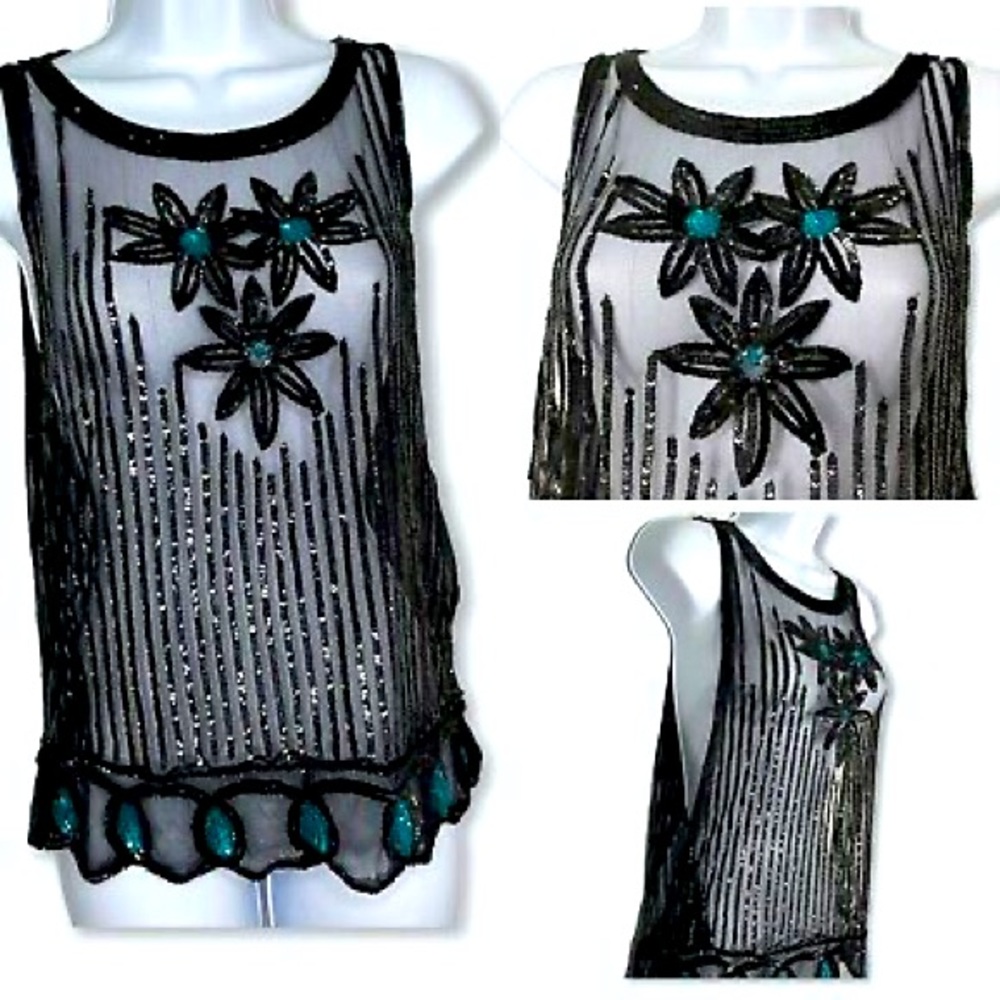 Topshop Kate Moss Art Deco 1920s Flapper Vintage Style Sheer Sequin Vest Top